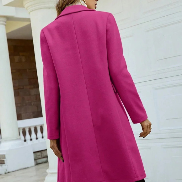 Hot Pink Elegant Women's Lapel Neck Double Breasted Overcoat - Picture 2 of 6